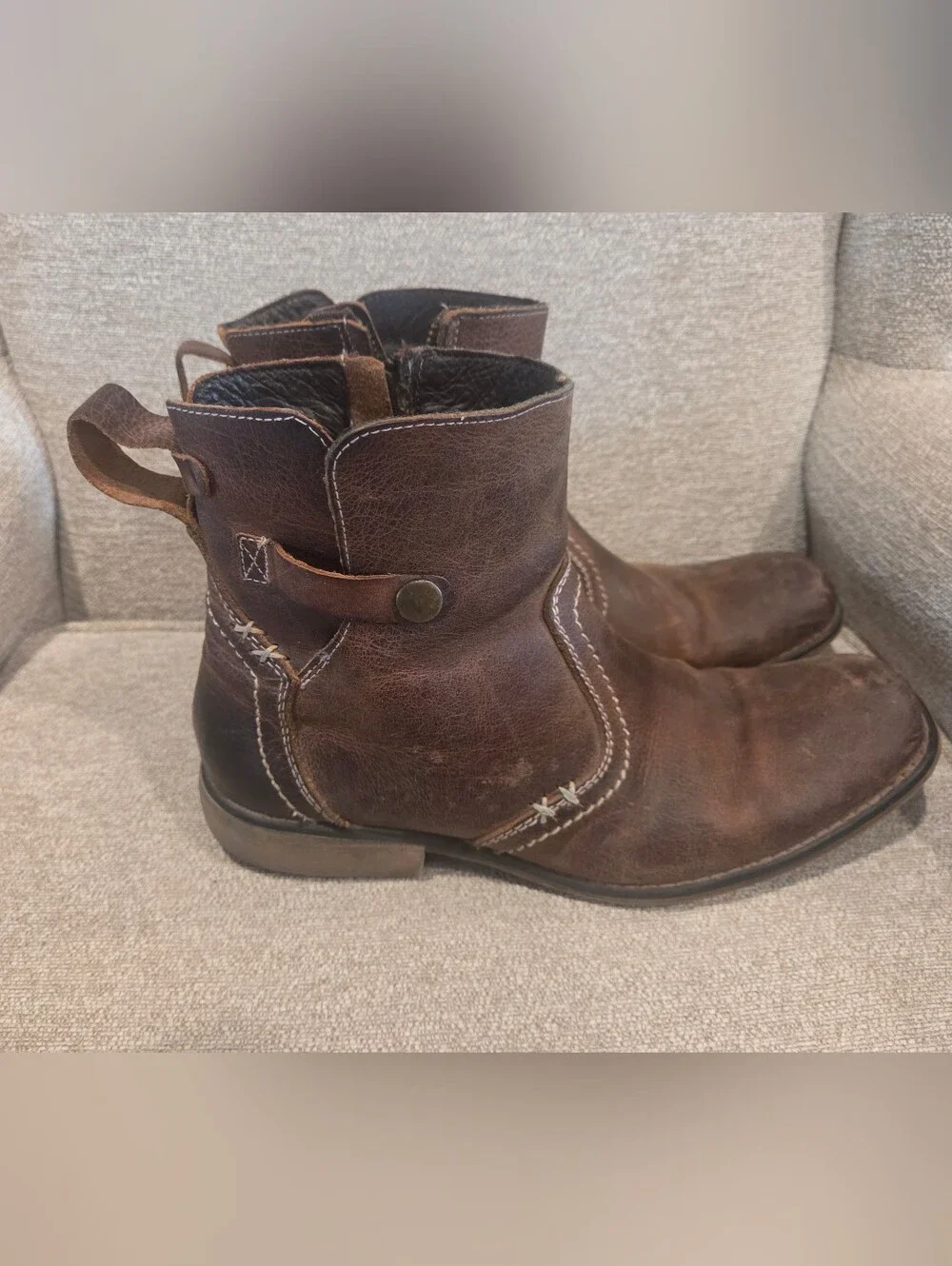 Roan Bed Stu Mens 10.5 Crown  Distressed Leather Boots Brown Rugged Side Zip